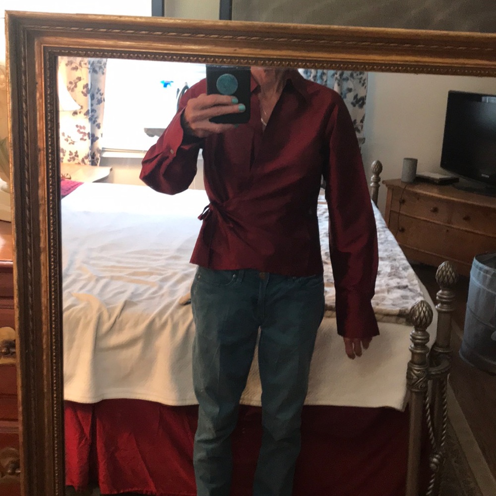 Allyson Taylor L Red Silk Crossover V-Neck Blouse